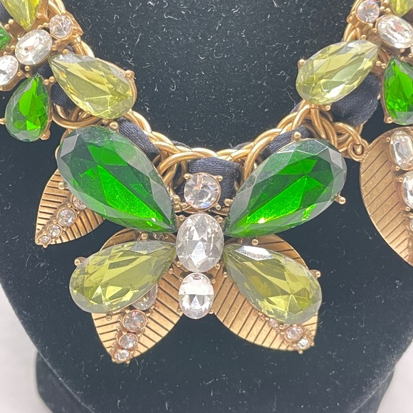 Ann Taylor Statement Necklace Gold Tone Vintage Glass Green Butterfly Rhinestone - Picture 2 of 14